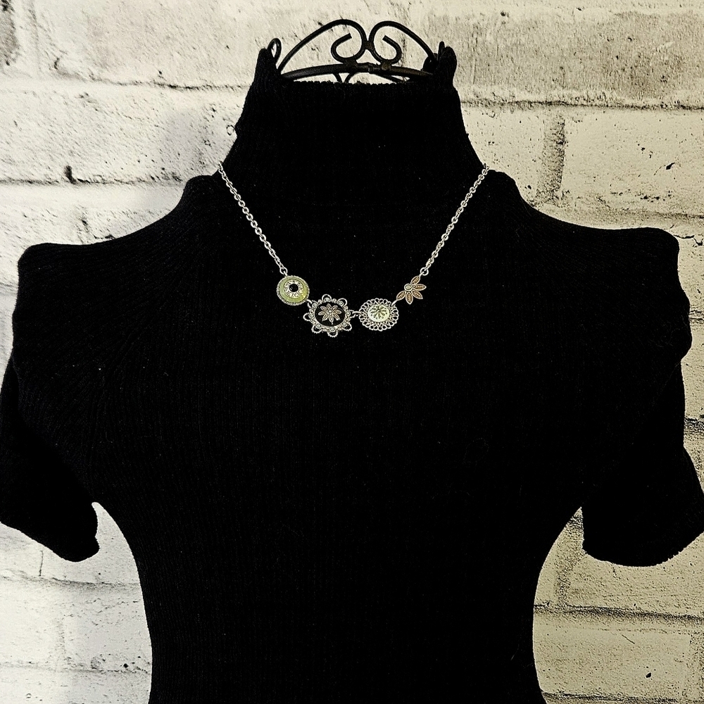 Lia Sophia Botanica Floral Necklace Silver Tone Green Enamel Statement